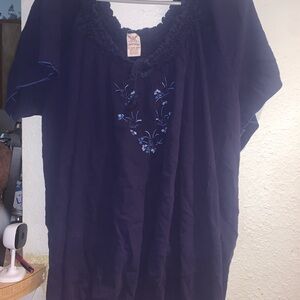 Faded Glory Navy Blue Embroidered Peasant Blouse